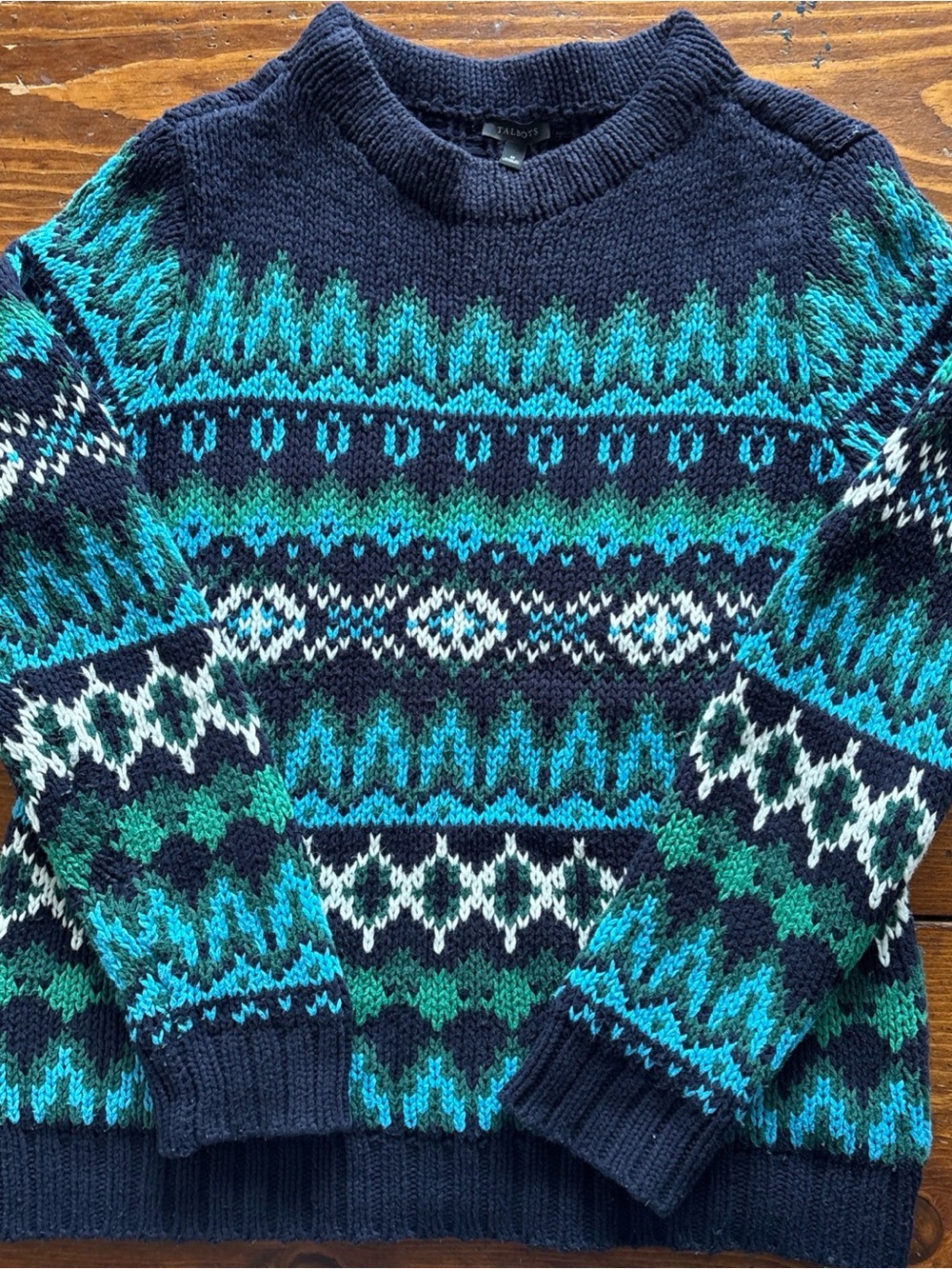 Talbots Navy Crewneck Fair Isle Sweater with Teal & White Accents